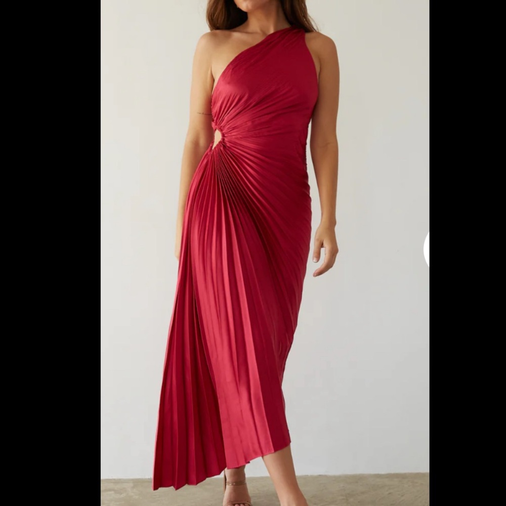 She + Sky Red Asymmetrical Pleated Gown